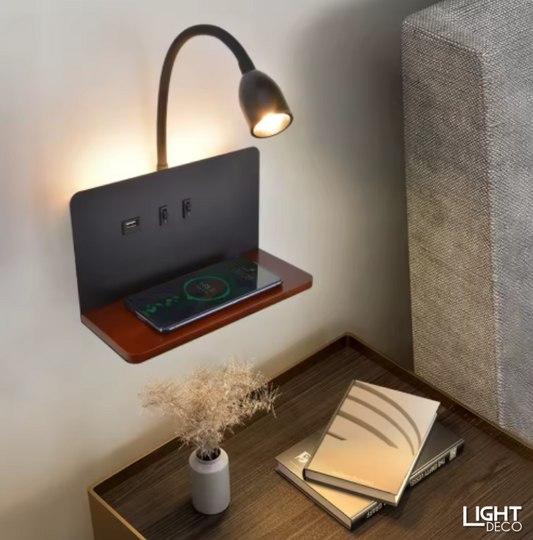 Lampe de Chevet Design - avec étagère & chargeur sans fil - Déco Chambre Moderne